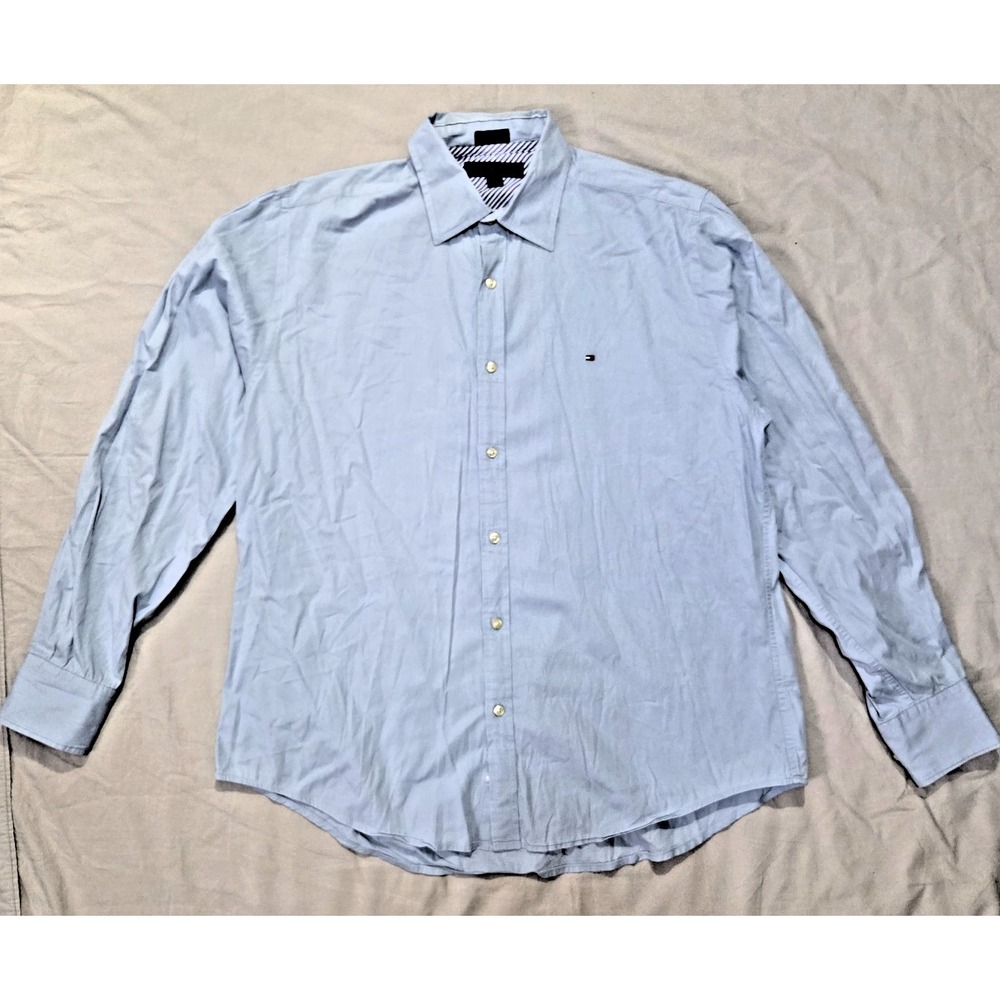 Tommy Hilfiger Light Baby Blue Shirt Mens L Custom Fit Button Up Long Sleeve
